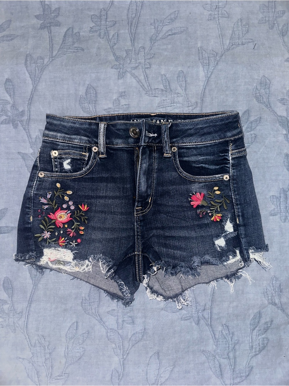 American Eagle Outfitters Dark Blue Embroidered Denim Shorts